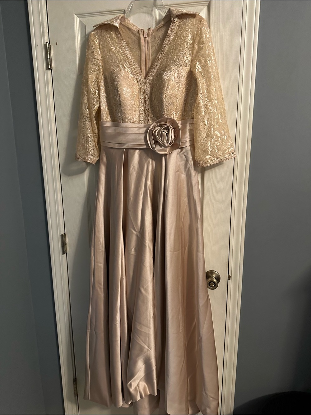 Women's Lace & Satin Maxi Dress in Champagne with Floral Waist Accent